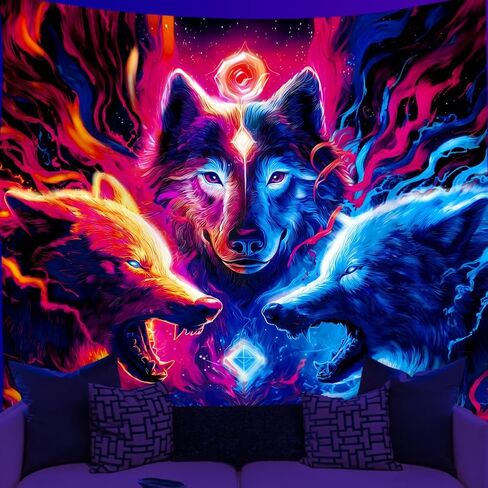 WEBEEDY Blacklight Wolf Tapestry UV Reactive Glow In The Dark Animal Tapestry Wall Hanging Blacklight Wolf Posters Backdrop for Gamer Room Bedroom Living Room Home Decor, 59x51 Inches in Kuwait