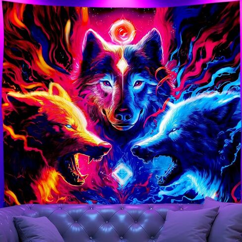 WEBEEDY Blacklight Wolf Tapestry UV Reactive Glow In The Dark Animal Tapestry Wall Hanging Blacklight Wolf Posters Backdrop for Gamer Room Bedroom Living Room Home Decor, 59x51 Inches in Kuwait