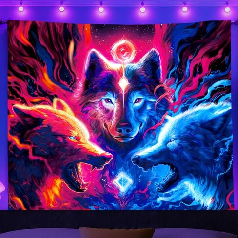WEBEEDY Blacklight Wolf Tapestry UV Reactive Glow In The Dark Animal Tapestry Wall Hanging Blacklight Wolf Posters Backdrop for Gamer Room Bedroom Living Room Home Decor, 59x51 Inches in Kuwait