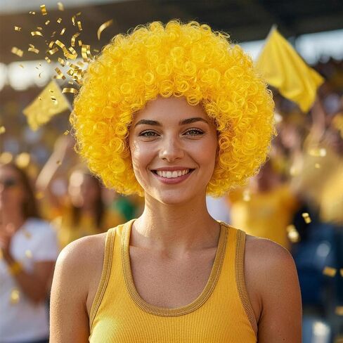 شعر مستعار زي علم بيلسون - شعر مستعار مهرج مجعد مضحك، شعر مستعار قصير للحفلات التنكرية لمحبي الرياضة، معدات مشجعي كرة القدم 2026 (أصفر خالص) in Kuwait