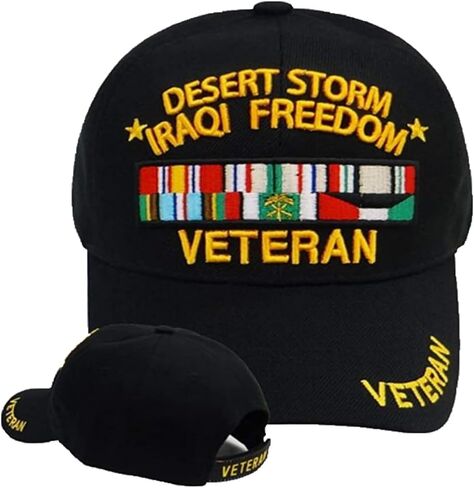 Desert Storm/Iraqi Freedom Veteran with Ribbons(Veteran on Bill) Baseball Cap (Black), 0-1 in Kuwait