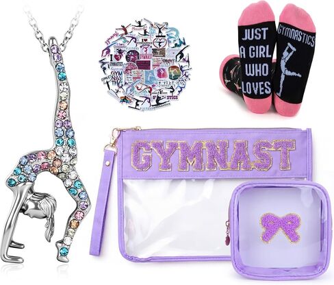 5 PCS Gymnastics Stuff Gymnastics Gifts Waterproof Small Clear Makeup Bag Gymnastic Bag Hypoallergenic Cheer Necklace Cotton Socks Stickers Gymnast Lover Gifts for Women in Saudi Arabia
