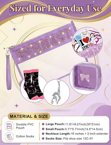 5 PCS Gymnastics Stuff Gymnastics Gifts Waterproof Small Clear Makeup Bag Gymnastic Bag Hypoallergenic Cheer Necklace Cotton Socks Stickers Gymnast Lover Gifts for Women in Saudi Arabia