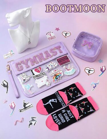5 PCS Gymnastics Stuff Gymnastics Gifts Waterproof Small Clear Makeup Bag Gymnastic Bag Hypoallergenic Cheer Necklace Cotton Socks Stickers Gymnast Lover Gifts for Women in Saudi Arabia