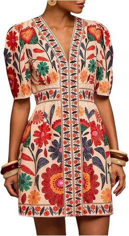 Floerns Women's Summer Tropical Mini Dress Puff Sleeve V Neck Vacation Outfit A Line Dresses in Kuwait