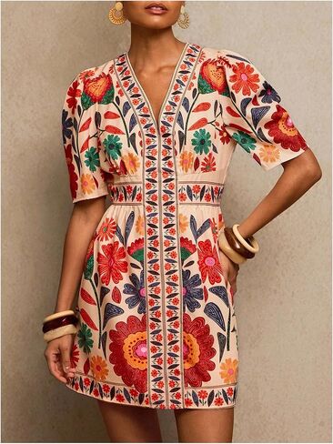 Floerns Women's Summer Tropical Mini Dress Puff Sleeve V Neck Vacation Outfit A Line Dresses in Kuwait
