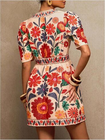 Floerns Women's Summer Tropical Mini Dress Puff Sleeve V Neck Vacation Outfit A Line Dresses in Kuwait