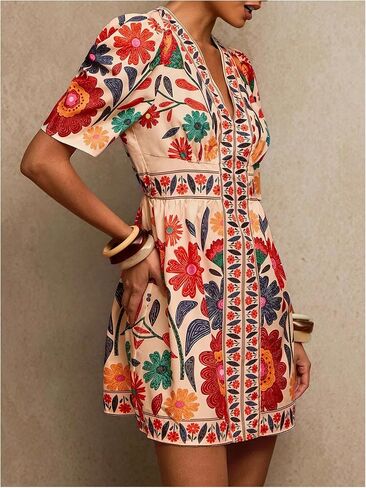 Floerns Women's Summer Tropical Mini Dress Puff Sleeve V Neck Vacation Outfit A Line Dresses in Kuwait