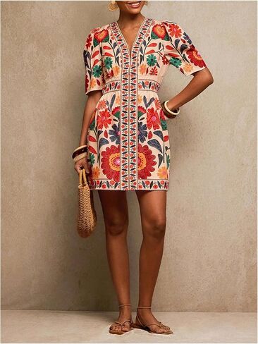 Floerns Women's Summer Tropical Mini Dress Puff Sleeve V Neck Vacation Outfit A Line Dresses in Kuwait