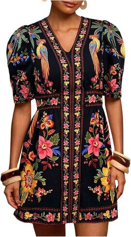Floerns Women's Summer Tropical Mini Dress Puff Sleeve V Neck Vacation Outfit A Line Dresses in Kuwait