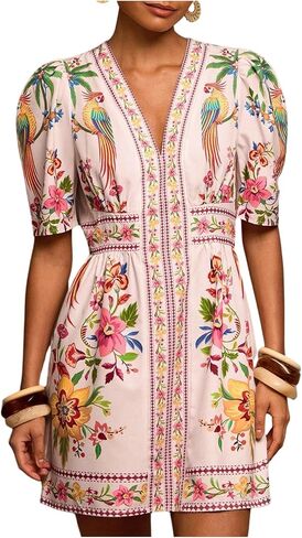 Floerns Women's Summer Tropical Mini Dress Puff Sleeve V Neck Vacation Outfit A Line Dresses in Kuwait