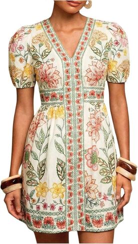 Floerns Women's Summer Tropical Mini Dress Puff Sleeve V Neck Vacation Outfit A Line Dresses in Kuwait