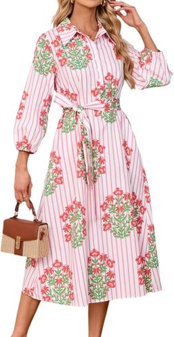 Womens Floral Midi Shirt Dress Summer Casual Button Down A-Line Dress 3/4 Puff Sleeve Belted Dresses with Pockets in Kuwait