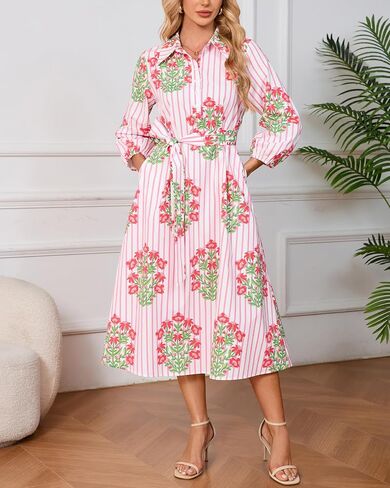 Womens Floral Midi Shirt Dress Summer Casual Button Down A-Line Dress 3/4 Puff Sleeve Belted Dresses with Pockets in Kuwait