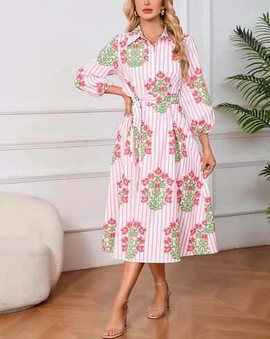 Womens Floral Midi Shirt Dress Summer Casual Button Down A-Line Dress 3/4 Puff Sleeve Belted Dresses with Pockets in Kuwait