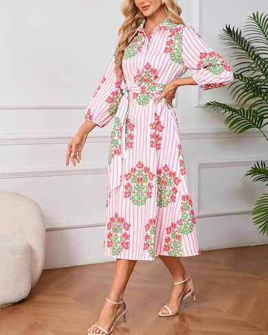 Womens Floral Midi Shirt Dress Summer Casual Button Down A-Line Dress 3/4 Puff Sleeve Belted Dresses with Pockets in Kuwait