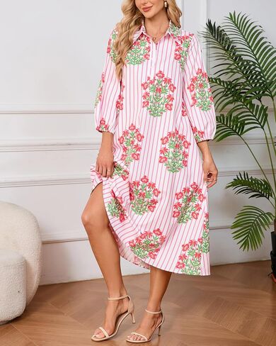 Womens Floral Midi Shirt Dress Summer Casual Button Down A-Line Dress 3/4 Puff Sleeve Belted Dresses with Pockets in Kuwait
