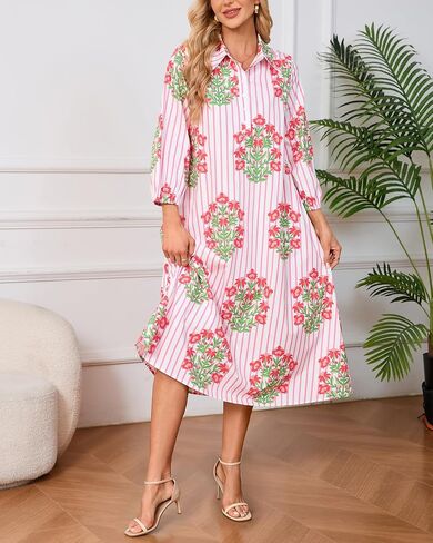 Womens Floral Midi Shirt Dress Summer Casual Button Down A-Line Dress 3/4 Puff Sleeve Belted Dresses with Pockets in Kuwait