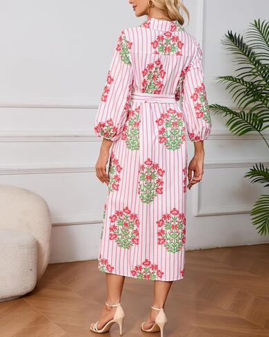 Womens Floral Midi Shirt Dress Summer Casual Button Down A-Line Dress 3/4 Puff Sleeve Belted Dresses with Pockets in Kuwait