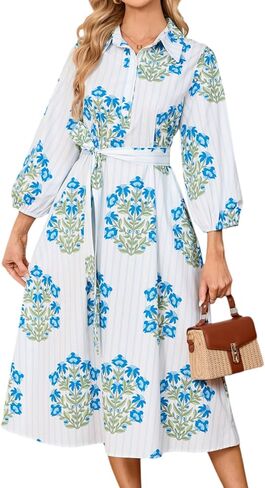 Womens Floral Midi Shirt Dress Summer Casual Button Down A-Line Dress 3/4 Puff Sleeve Belted Dresses with Pockets in Kuwait