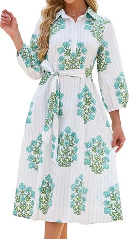 Womens Floral Midi Shirt Dress Summer Casual Button Down A-Line Dress 3/4 Puff Sleeve Belted Dresses with Pockets in Kuwait