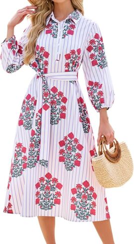 Womens Floral Midi Shirt Dress Summer Casual Button Down A-Line Dress 3/4 Puff Sleeve Belted Dresses with Pockets in Kuwait