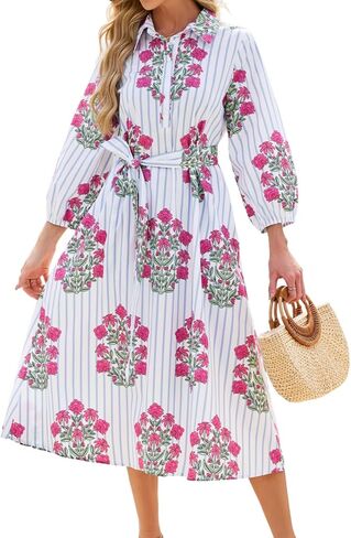 Womens Floral Midi Shirt Dress Summer Casual Button Down A-Line Dress 3/4 Puff Sleeve Belted Dresses with Pockets in Kuwait