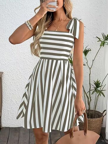 Women's Casual Colorful Striped Knotted Strap Sleeveless Dress Summer Dresses in Kuwait
