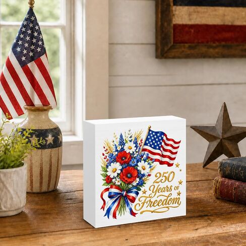 250th Anniversary USA Decorations, Patriotic Floral Wooden Sign Decor, 4th of July Memorial Day Home Decor for Desk Table Shelf in Saudi Arabia