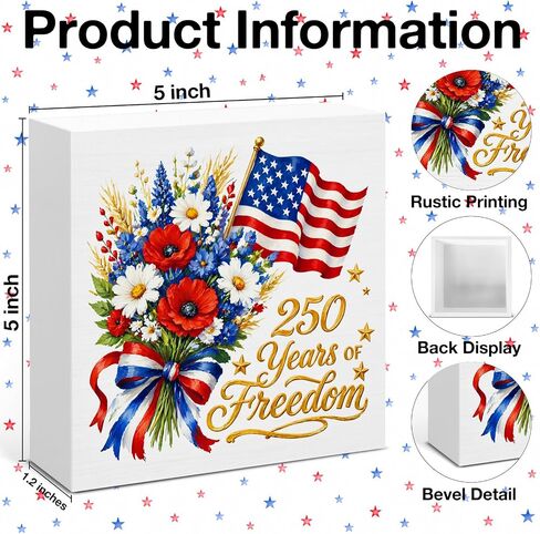 250th Anniversary USA Decorations, Patriotic Floral Wooden Sign Decor, 4th of July Memorial Day Home Decor for Desk Table Shelf in Saudi Arabia