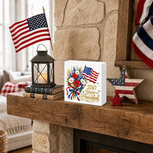 250th Anniversary USA Decorations, Patriotic Floral Wooden Sign Decor, 4th of July Memorial Day Home Decor for Desk Table Shelf in Saudi Arabia