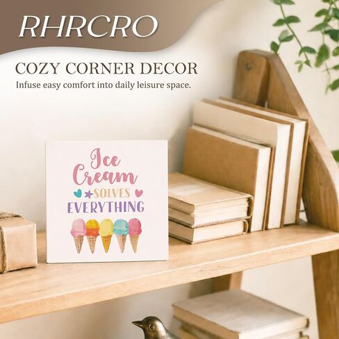 Funny Summer Gift Wood Box Signs, Ice Cream Lovers Gifts, Ice Cream Solves Everything Wooden Sign Decorations for Kids Room Home Desk Table Shelf Tabletop, 5x5 Inches in Kuwait