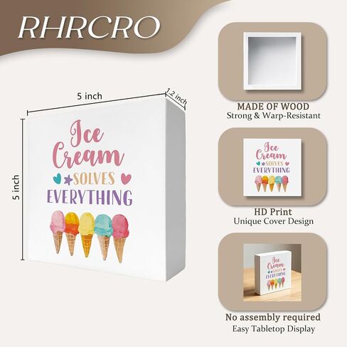 Funny Summer Gift Wood Box Signs, Ice Cream Lovers Gifts, Ice Cream Solves Everything Wooden Sign Decorations for Kids Room Home Desk Table Shelf Tabletop, 5x5 Inches in Kuwait