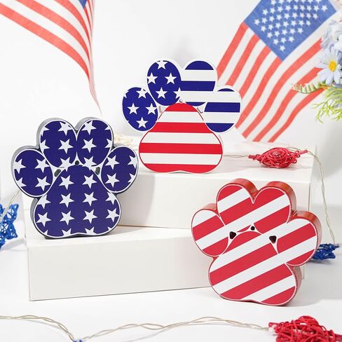 3 Pcs 4th of July Decorations Indoor Dog Paw America Red White and Blue Wooden Wood Sign Decor Memorial Day Independence Day Patriotic Holiday Kitchen Dining Home Party Shelf Office Supply in Saudi Arabia