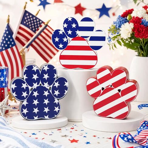 3 Pcs 4th of July Decorations Indoor Dog Paw America Red White and Blue Wooden Wood Sign Decor Memorial Day Independence Day Patriotic Holiday Kitchen Dining Home Party Shelf Office Supply in Saudi Arabia