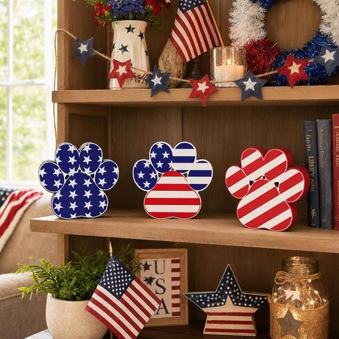 3 Pcs 4th of July Decorations Indoor Dog Paw America Red White and Blue Wooden Wood Sign Decor Memorial Day Independence Day Patriotic Holiday Kitchen Dining Home Party Shelf Office Supply in Saudi Arabia