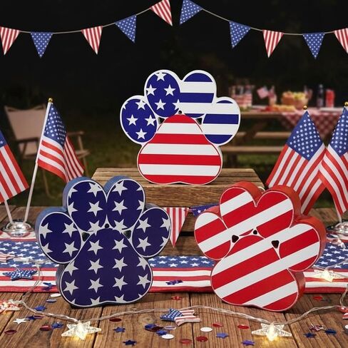 3 Pcs 4th of July Decorations Indoor Dog Paw America Red White and Blue Wooden Wood Sign Decor Memorial Day Independence Day Patriotic Holiday Kitchen Dining Home Party Shelf Office Supply in Saudi Arabia