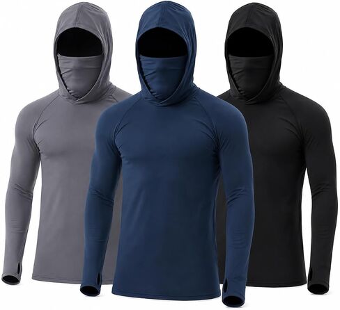 3 Pack Men's UPF 50+ Sun Protection Hoodies, Long Sleeve Moisture Wicking Shirts with Face Mask for Fishing in Kuwait