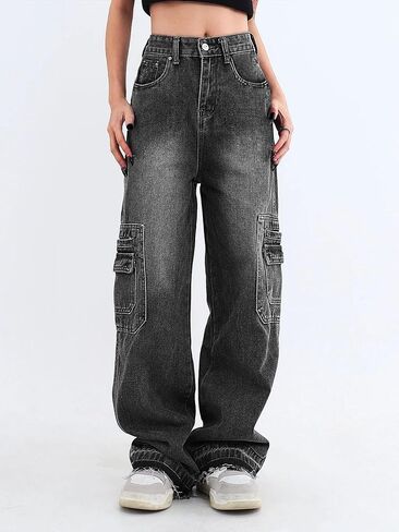 Women's Cargo Pants Low Waist Baggy Jeans Pocket Wide Leg Casual Trendy Streetwear Grunge in Kuwait