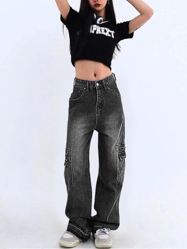 Women's Cargo Pants Low Waist Baggy Jeans Pocket Wide Leg Casual Trendy Streetwear Grunge in Kuwait