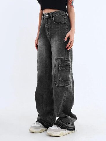 Women's Cargo Pants Low Waist Baggy Jeans Pocket Wide Leg Casual Trendy Streetwear Grunge in Kuwait