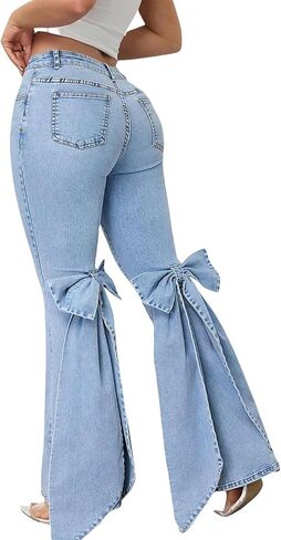 JYAOVO Women Bell Bottom Jeans Elastic Waist Back Big Bow Flared Jean 2026 Fashion Denim Long Pants Button Down Cowgirl Jeans in Saudi Arabia