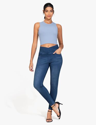 Dragon Fit Women's Skinny Jeans Crossover High Waist Jeggings Stretchy Denim Leggings with Pockets in Saudi Arabia