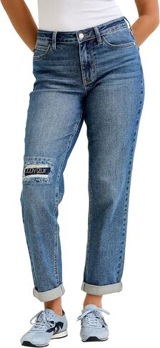 Judy Blue Womens Jeans - Mid Rise Boyfriend Embroidered Repair Patch in Kuwait