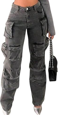 Womens Y2K Cargo Jeans, High Waisted Baggy Wide Leg Denim Pants with Flap Pockets, Vintage Streetwear Trousers in Saudi Arabia