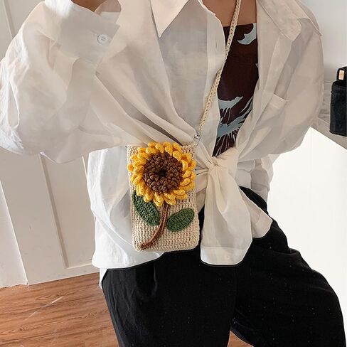 Crochet Bags for Women Girl Handmade Gift Sunflower Crossbody Purse Phone Bag Knitted Wallet Floral Shoulder Bag in Saudi Arabia