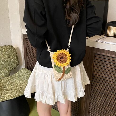 Crochet Bags for Women Girl Handmade Gift Sunflower Crossbody Purse Phone Bag Knitted Wallet Floral Shoulder Bag in Saudi Arabia