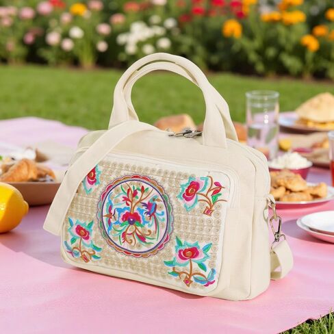 Embroidered Canvas Top Handle Handbag, 3 Layers Crossbody Bag Multiple Colors in Saudi Arabia