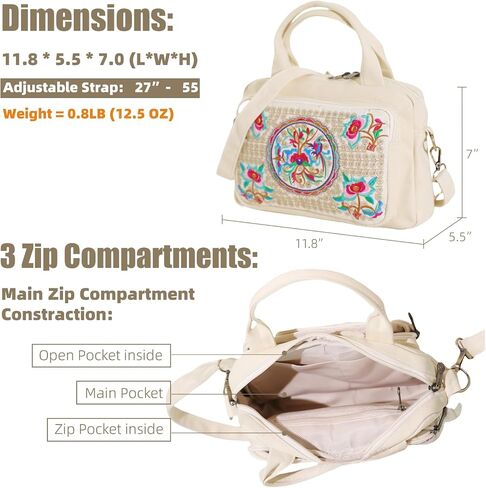 Embroidered Canvas Top Handle Handbag, 3 Layers Crossbody Bag Multiple Colors in Saudi Arabia