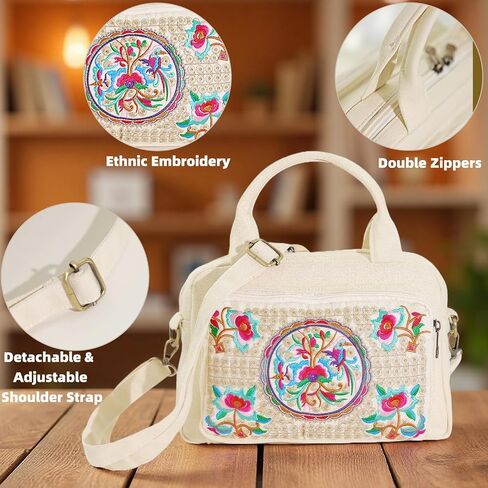 Embroidered Canvas Top Handle Handbag, 3 Layers Crossbody Bag Multiple Colors in Saudi Arabia